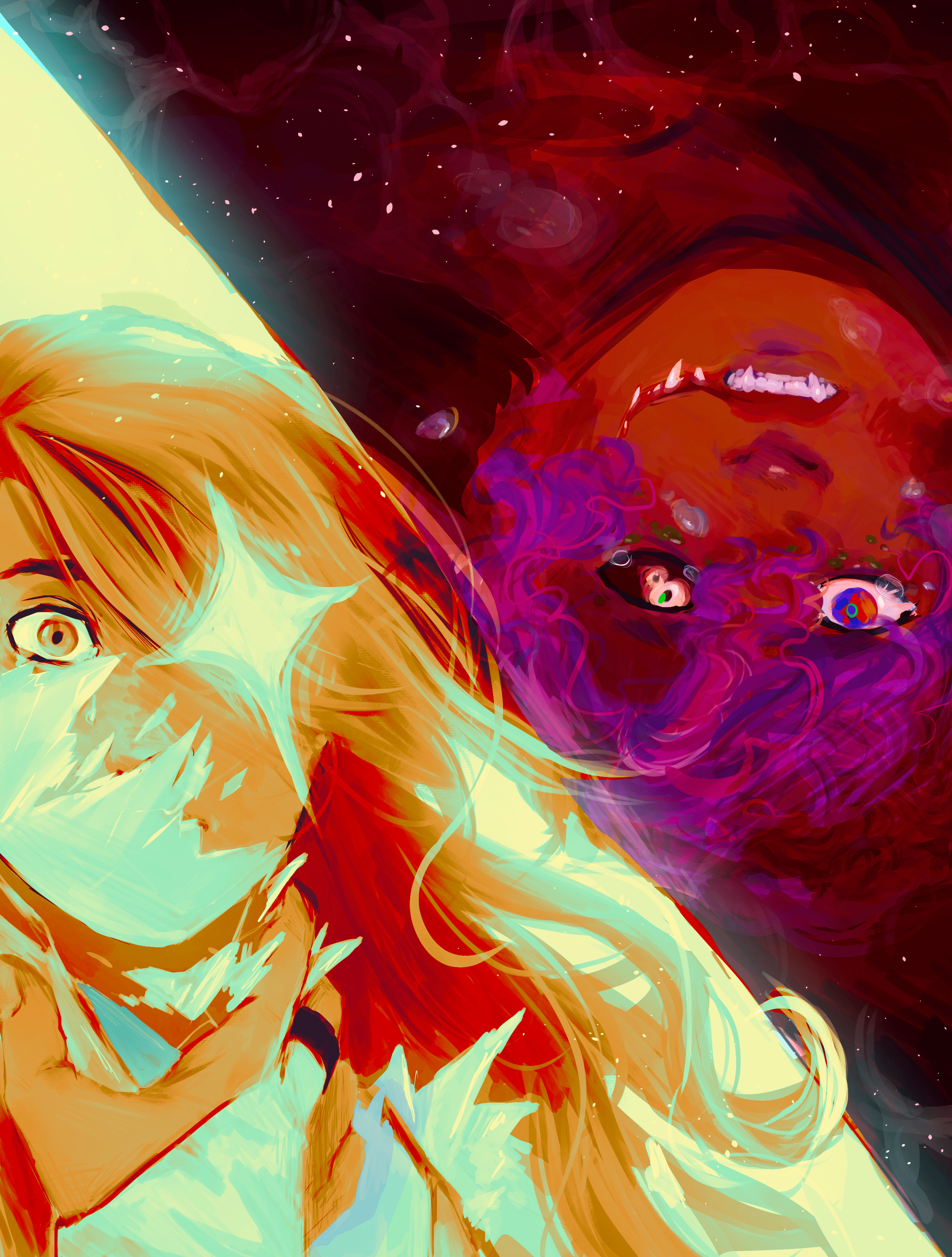 An illustration of two headshots, oriented opposite to each other. In the bottom left, Sylph, a dark-skinned person with short purple hair drowns in a sea of red. Their left eye is reddened with a white, mangled iris. Monstrous teeth work their way up their cheek in an unnatural grimace. They stare at the camera with an expression of fear. Opposite them, Sho Seraph, a tan-skinned person with long orange hair and a glass-like set of armor, grasps at his own throat. His armor shatters while the shards hang in midair, and his right eye blazes with a bright star. He similarly gazes to the viewer in fear and cries.