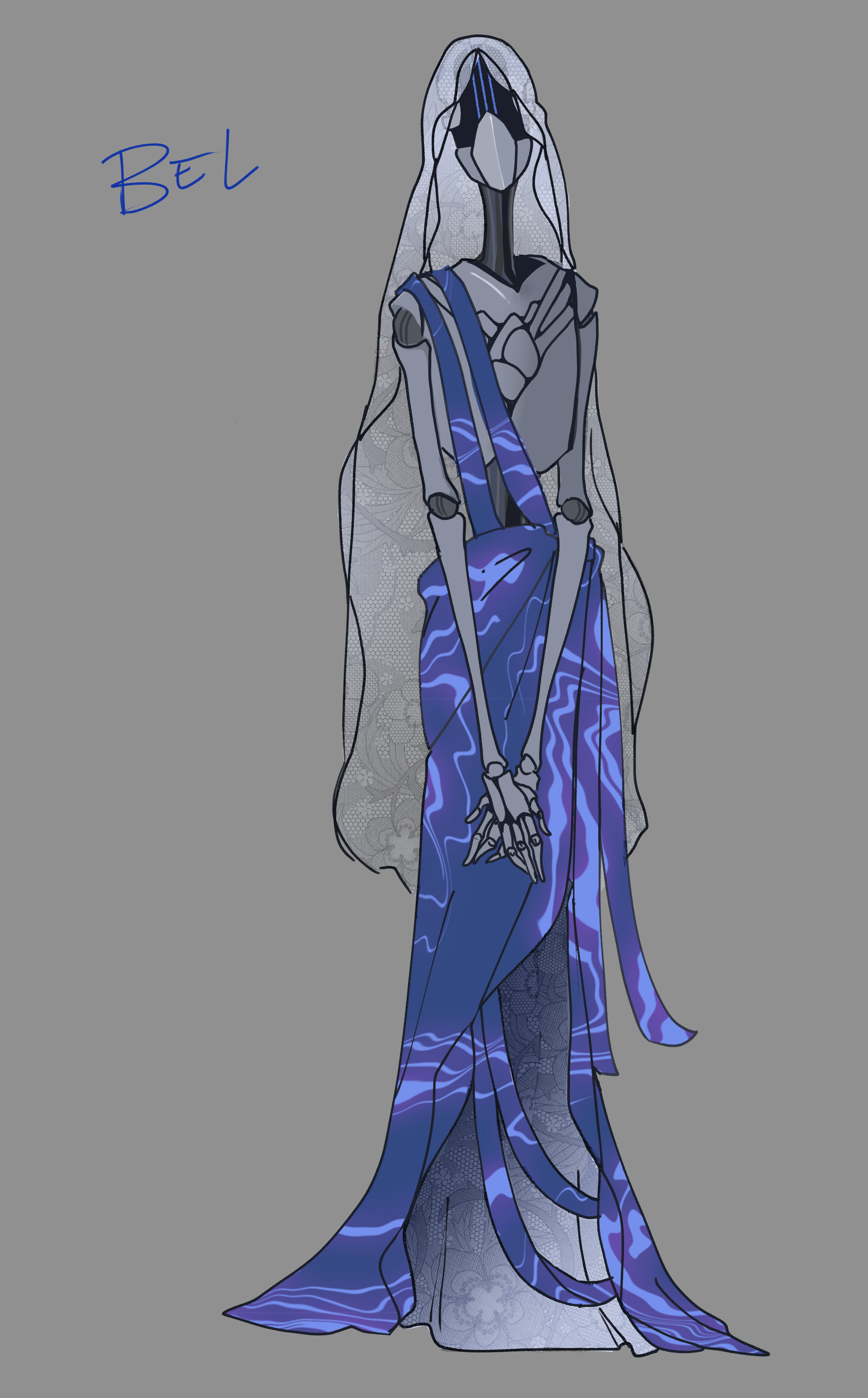 A design drawing of Bel, a robot with no face and a series of panels which make up an anatomical heart design on her chestplate. She wears a deep blue garment wrapped around her shoulders and draped like a skirt, with another lacelike layer underneath. On her head is a lacy white veil.