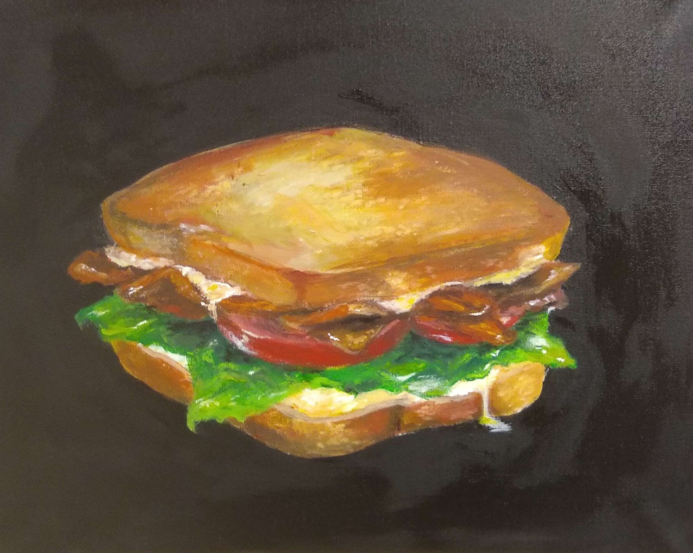 An acrylic painting of a BLT (with the implied Bacon, Tomato and Lettuce as well as Mayo) sandwich rendered in an impressionist realistic style, on a black canvas.