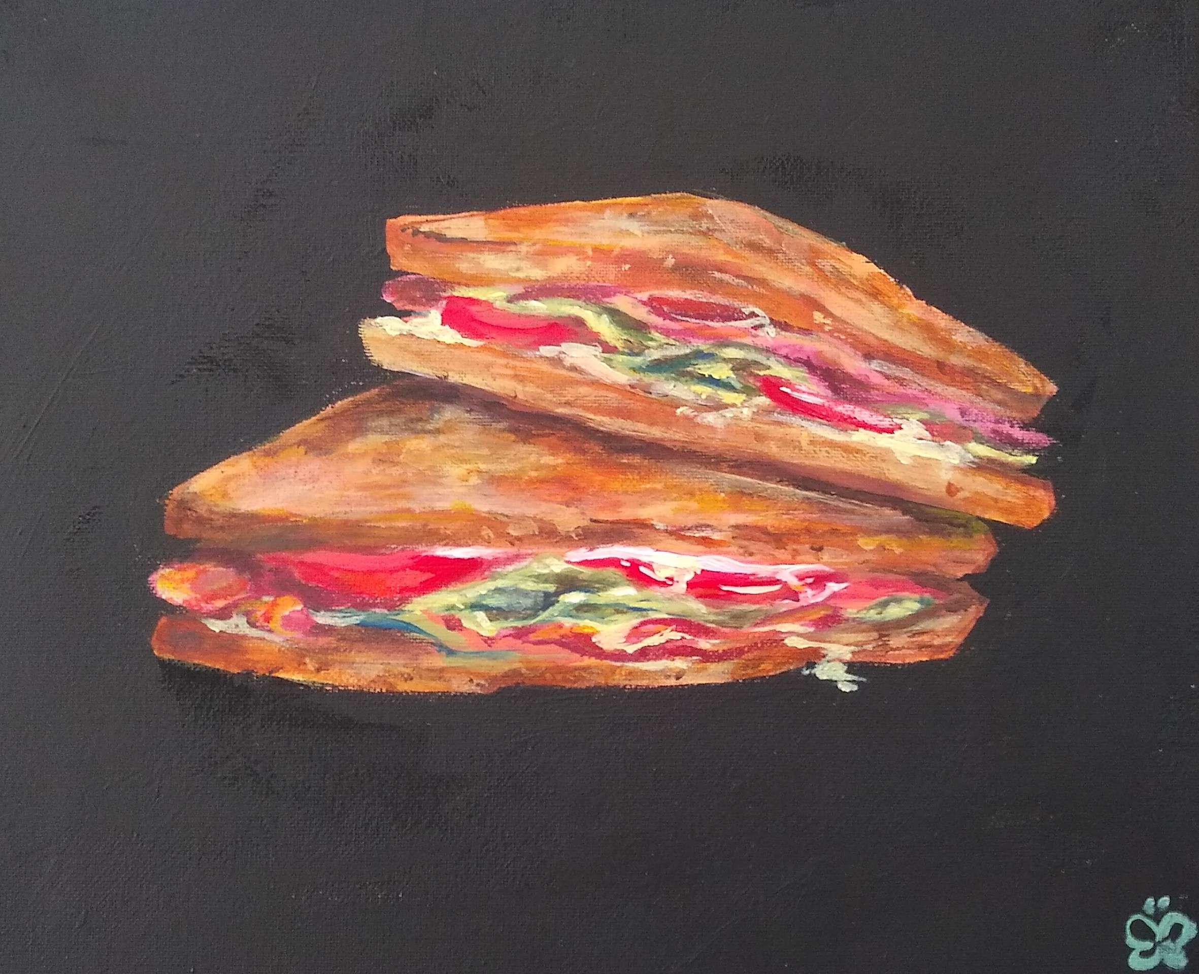 An acrylic painting of a BLT on brown bread, sliced in half. It contains the usual bacon, lettuce, tomato, and mayo. It is painted in an impressionist realistic style on a black canvas.