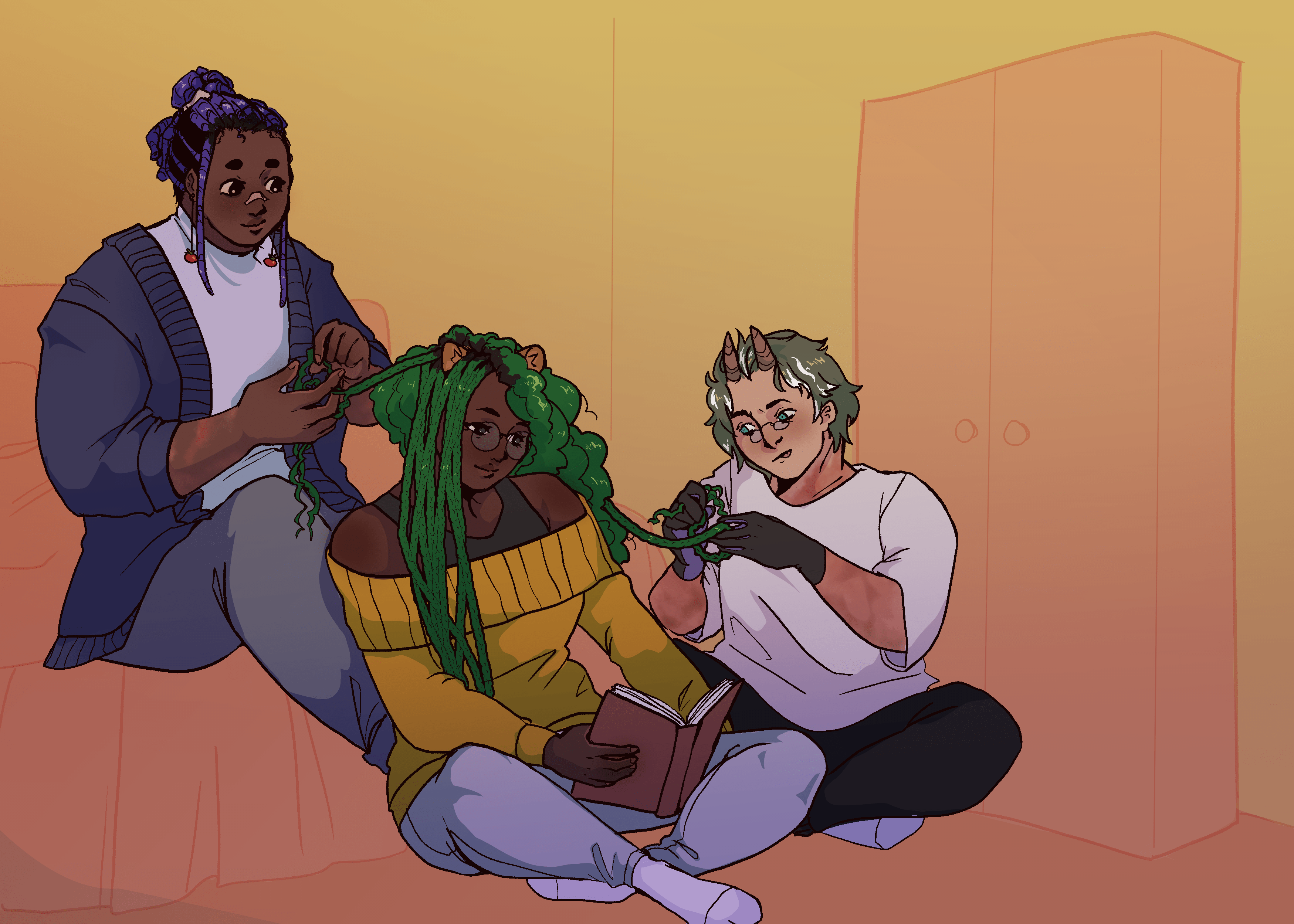 An illustration of three characters sitting together. The one on the left, Harp, is a tall dark-skinned person with a soft blue sweater and hair styled in blue locs. He deftly braids the hair of the character to the right, Clair, who is a dark-skinned woman with ferret ears and green hair, wearing a yellow sweater. She reads casually as she waits for her hair to be done. On the right, Riven, a pale man with burn scars, struggles to braid with his hands in a twist. He stares determinedly at the strands and sticks his tongue out slightly. Riven has goat horns, green hair with white strands, and wears a white t-shirt and sweatpants.