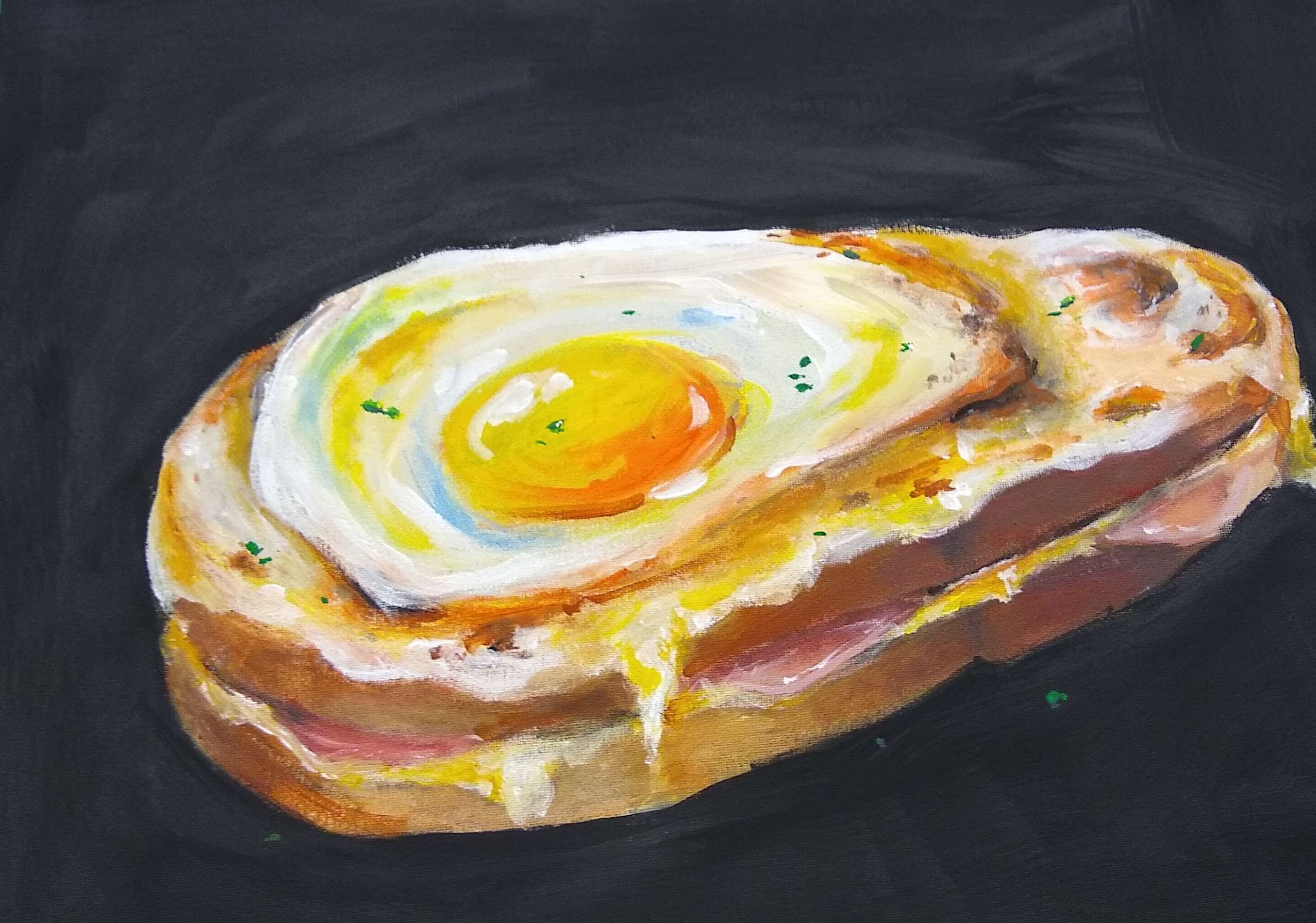 An acrylic painting of a croque madame, a sandwich on white bread with ham and cheese filling and a fried egg on top. It is painted in an impressionist realistic style on a black canvas.