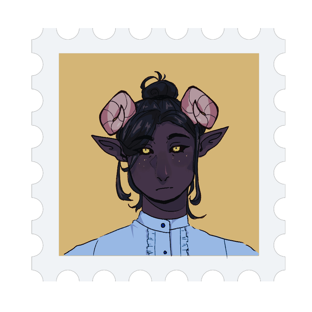ID: A digital cartoon icon of the character Flo from my Sentiment Campaign. She is a tiefling woman with literal black skin, black scleras and yellow irises. She has tan curled horns, pointed ears and pale yellow freckles on her cheeks. She wears a pale blue collarless buttonup with small ruffles on the collar. She looks boredly at the viewer, facing forward. End ID.