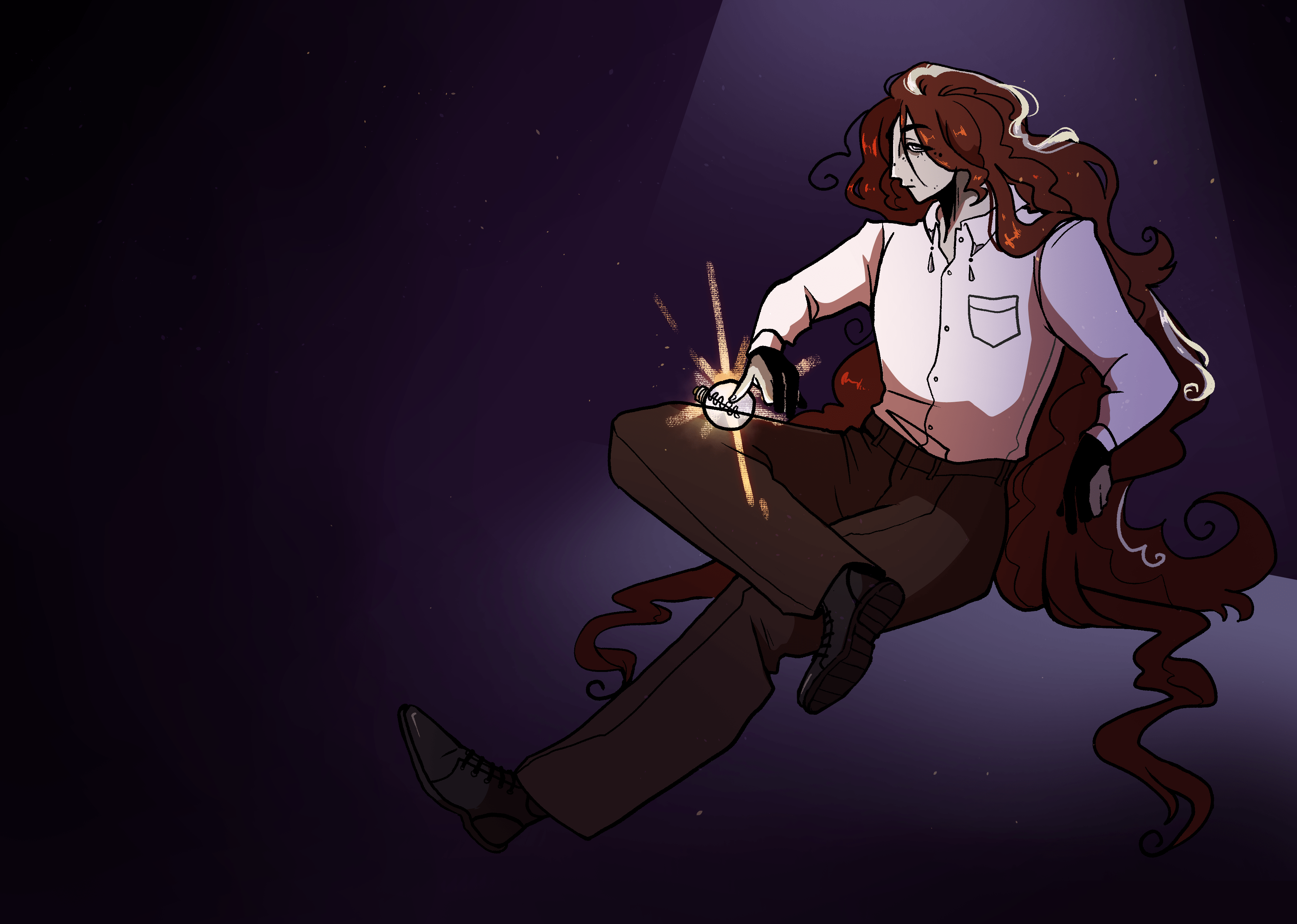 A simple illustration of a white-eyed figure in a dark room, highlighted by a single spotlight. They have very long, very messy burdungy hair with a small white streak. Their attire is formal, with a white dress shirt and loose brown dress pants. The figure reclines against nothing, cradling a lightbulb against their right leg and holding it in place with their pinky finger. The lightbulb glows with an unnatural light.