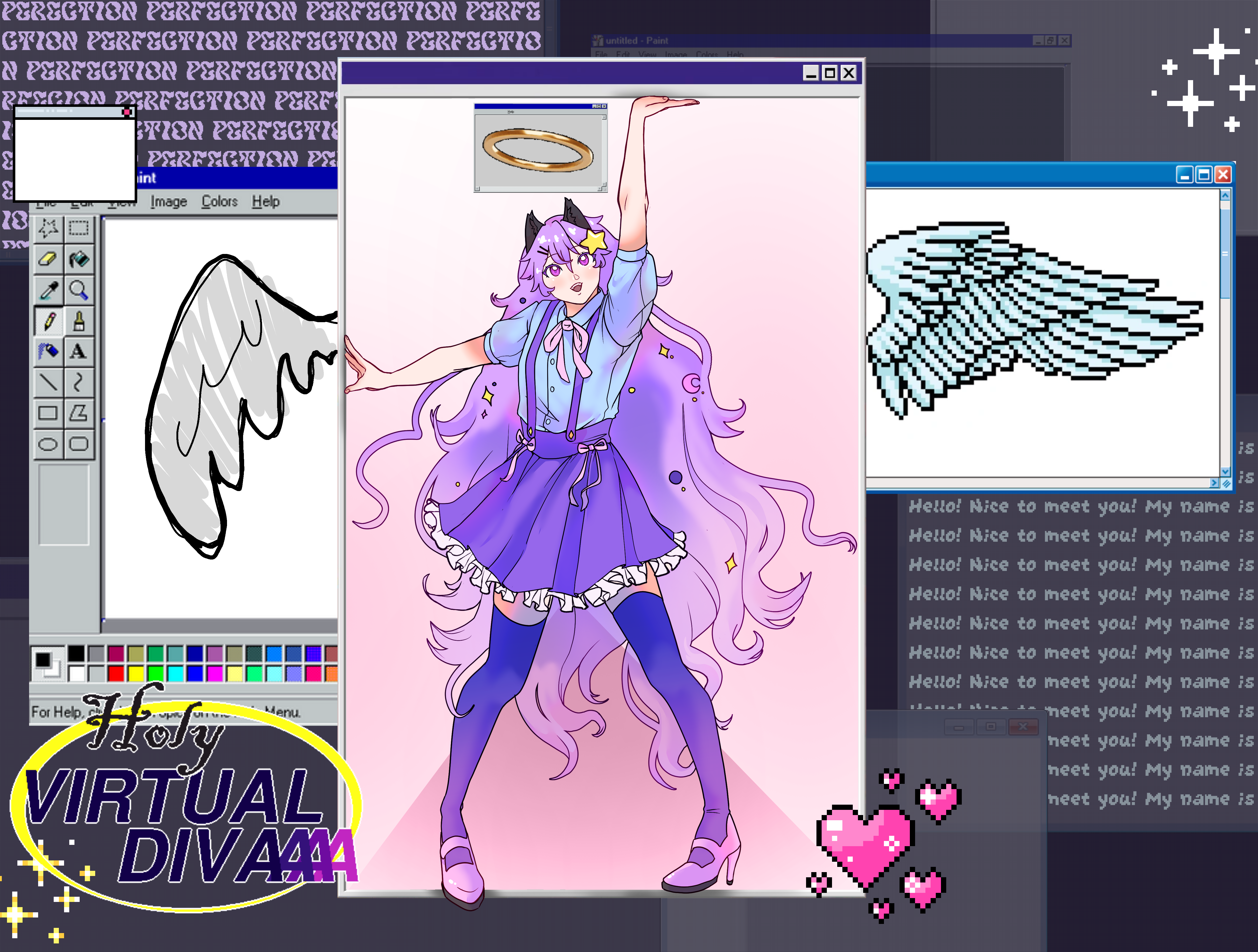 An illustration of GaLexie, a pale purple-haired catgirl wearing idol-style clothing. She is surrounded by computer window boxes, one of which she stands within. She pushes the borders of the window with her arms while striking an idol pose. On either side of her, angel wings are drawn in an MS paint window and as a pixel art drawing respectively. A small window with a 90s-style 3d model of a halo appears above her head. Various other windows make up the background, some with text reading 'My name is' and 'Perfection', in reference to the song Digital Girl by KIRA. A pixelart logo reading 'Holy Personal Diva' also appears in the lower left as a reference to the same.