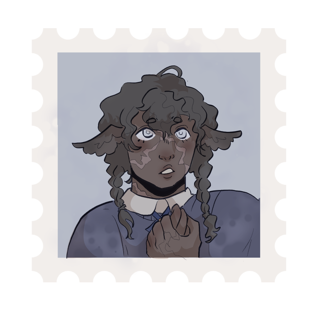 ID: A digital cartoon icon of the NPC Nell from my Sentiment Campaign. They are a young, dark-skinned ghost with two textured braids and small brown wings in place of ears. They wring their hands with a nervous expression. End ID.