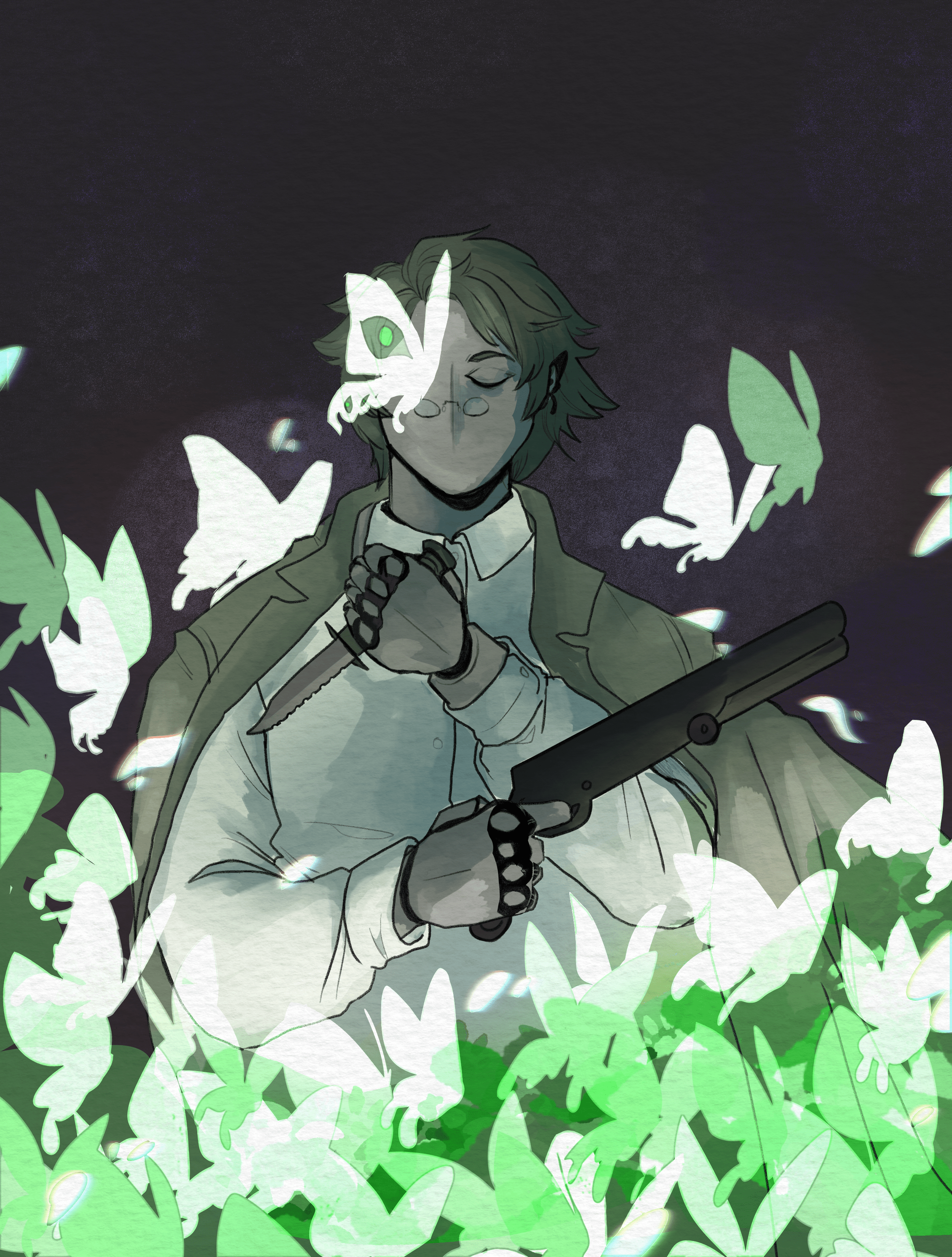Illustration of Riven, a man with green hair wearing a white button-up shirt and pale green coat wrapped around his shoulders. His face is indistinct and his hands are robotic as they cross in front of him. In his right hand he holds a hunting knife, and a sci-fi styled shotgun in the other. Around him, glowing green butterflies swarm.