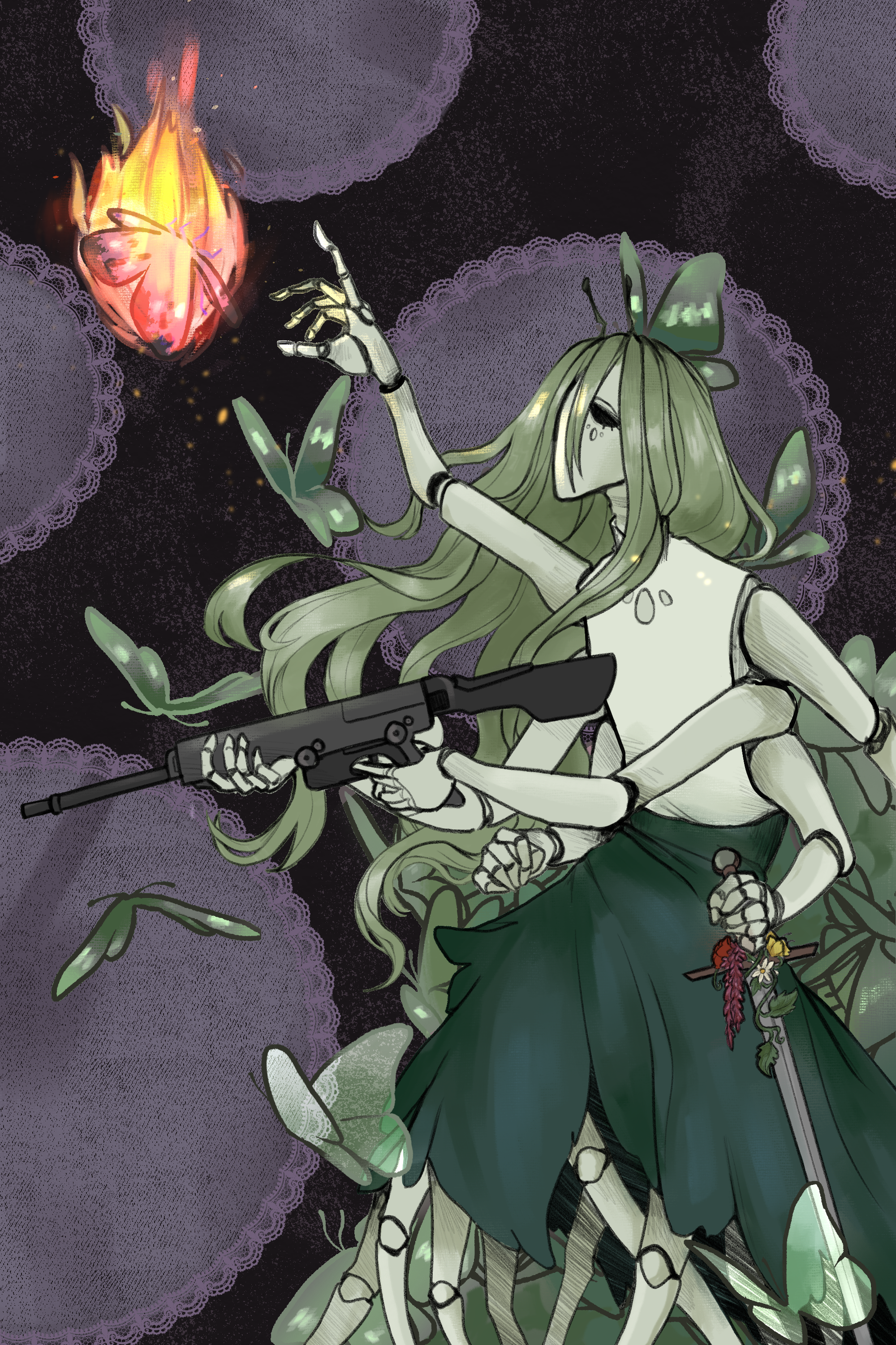 ID: A digital drawing rendered in a colored pencil and papercraft style. The subject is a six-armed robot in a white and dark green-dress-like garment, with buglike antenna. The robot stretches a hand out towards a pink butterfly engulfed in flame, while a swarm of similar green butterflies swarm around it. It holds a gun in one set of arms and a sword in the last. End ID.