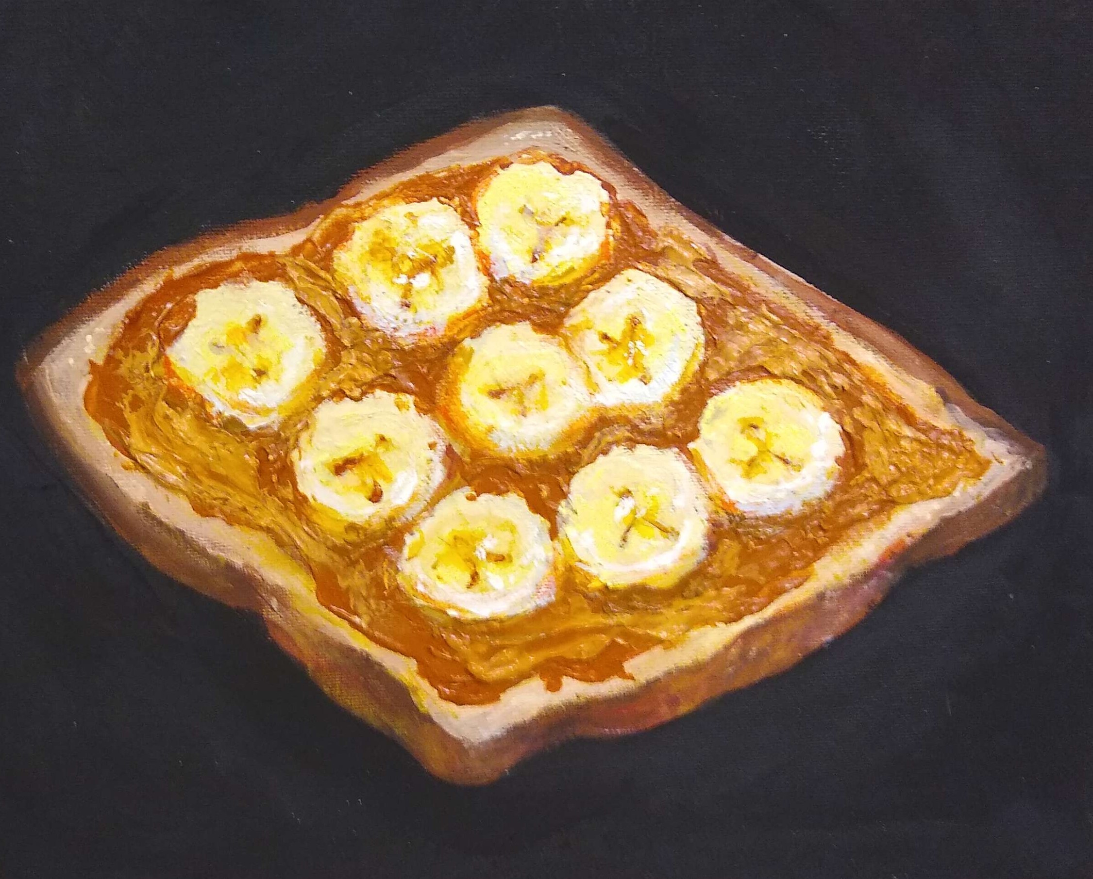 An acrylic painting of a slice of peanut butter and banana toast. The peanut butter is done with impasto, giving it a raised texture. The toast is painted on a black canvas in an impressionist realistic style.