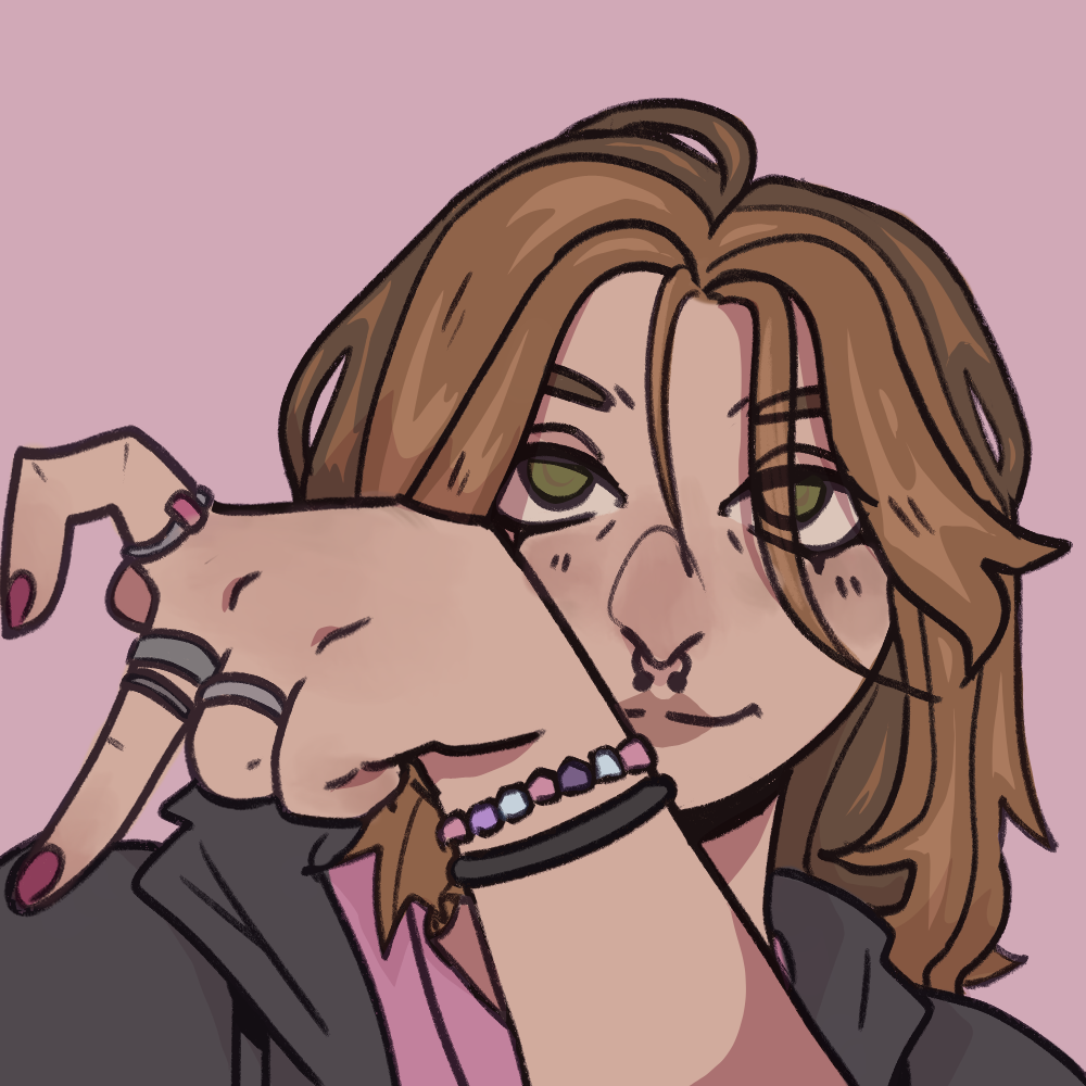 ID: A cartoon icon of the artist's client. He is a pale-skinned, hazel-eyed person with shoulder-length hair, fringe, and a septum piercing. They wear heavy eyeliner, a grey hoodie with pink skirt, various bracelets and rings, and pink nails. They smile at the camera and hold up half of a finger heart to the left side of the image. End ID.