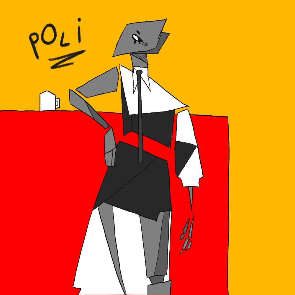 ID: A digital cartoon drawing of the original character Poli. They are a monochrome bird-like creature with a body and clothing made up entirely of polygonal shapes. The clothing is abstracted, but in the clearest terms wear a black tie, white shirt with one long and one short sleeve along with a black vest and black uneven-hemmed skirt that is white on the inside. Their right arm and left leg are thin and pointed, and their left arm and right leg are more rectangular. They look at the camera with an ovular, downwards-pointed eye and tired expression. They are in a bright primary-colored environment and stand next to a mug on a table. End ID.