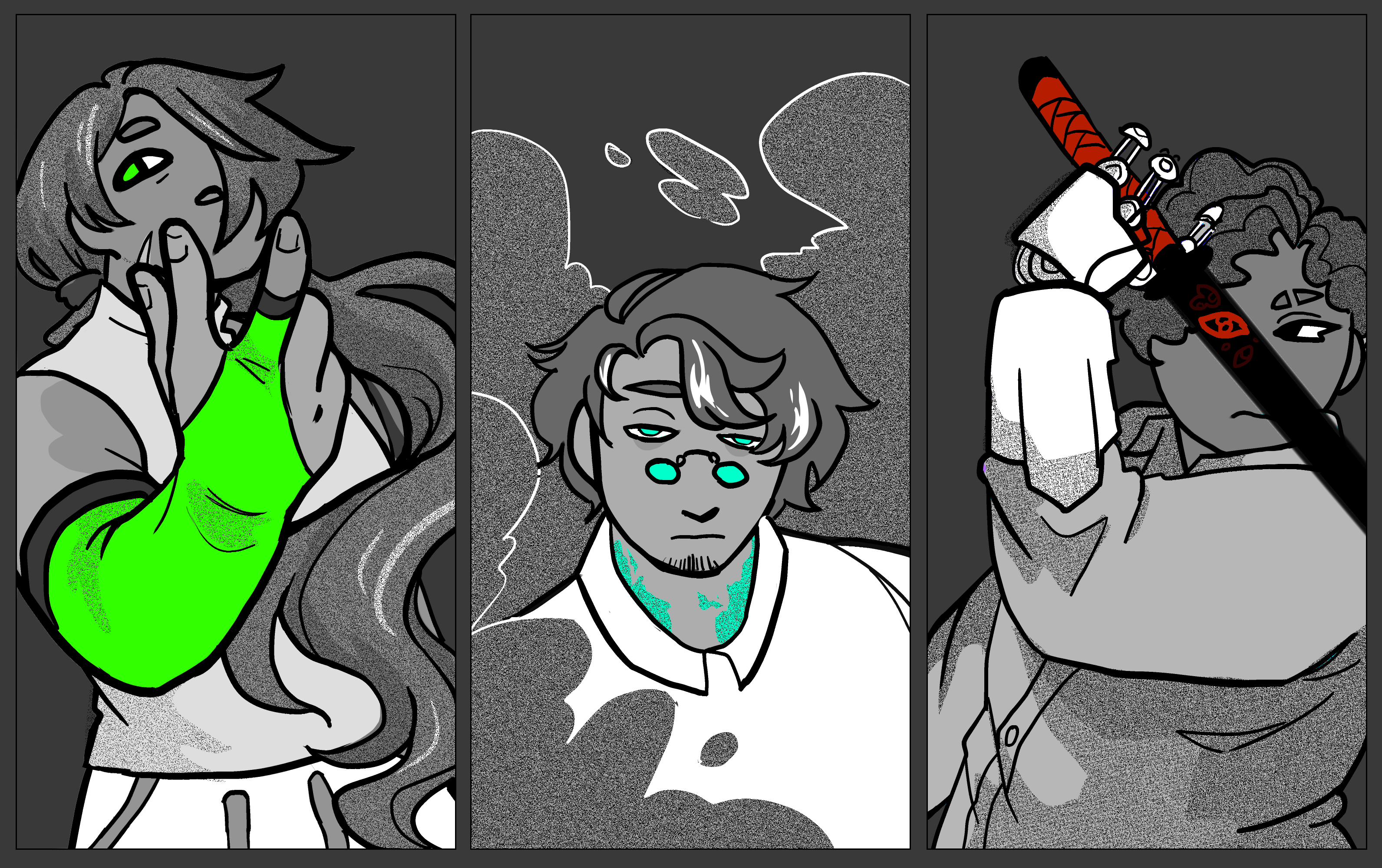 A cartoon drawing in screen-tone greyscale with highlights of bright colors. Depicted are three characters from the artist's TTRPG campaign. The first is Sho Seraph, a man with a long ponytail and bright green eye with a smug expression, dressed in athletic clothing. He holds one hand up towards the camera with three fingers extended. The second is Riven, a scruffy-looking pale man in a white button-up shirt and small circle glasses who looks tiredly at the viewer with a bright cyan eye. He is surrounded by noise-toned smoke. The third is Sylph Jubilante, a dark-skinned person with a prosthetic hand, in which they hold a sword with a bright red handle. They hold the sword over their left eye, and on the blade is a reflection of a red eye.