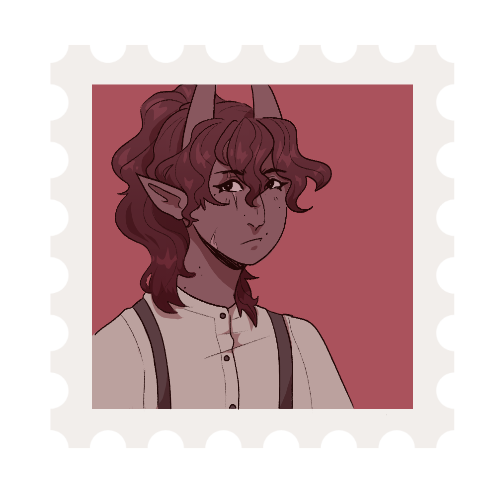 ID: A digital cartoon icon of the NPC Ruby from my Sentiment Campaign. She is a tiefling girl with curly fringed hair in a ponytail and medium-dark red skin. She has horns, pointed ears and scars on her nose and eyebrow. She wears a white collarless buttonup with suspenders. She looks disdainfully at the viewer. End ID.