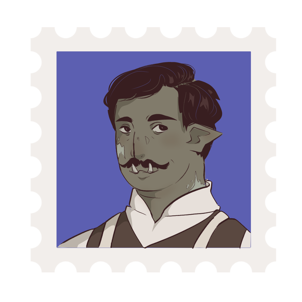 ID: A digital cartoon icon of the NPC Russell from my Sentiment Campaign. He is a middle-aged orc with green skin with white patches, slicked-back short black hair and a neat moustache. He also has tusks emerging from his mouth. End ID.