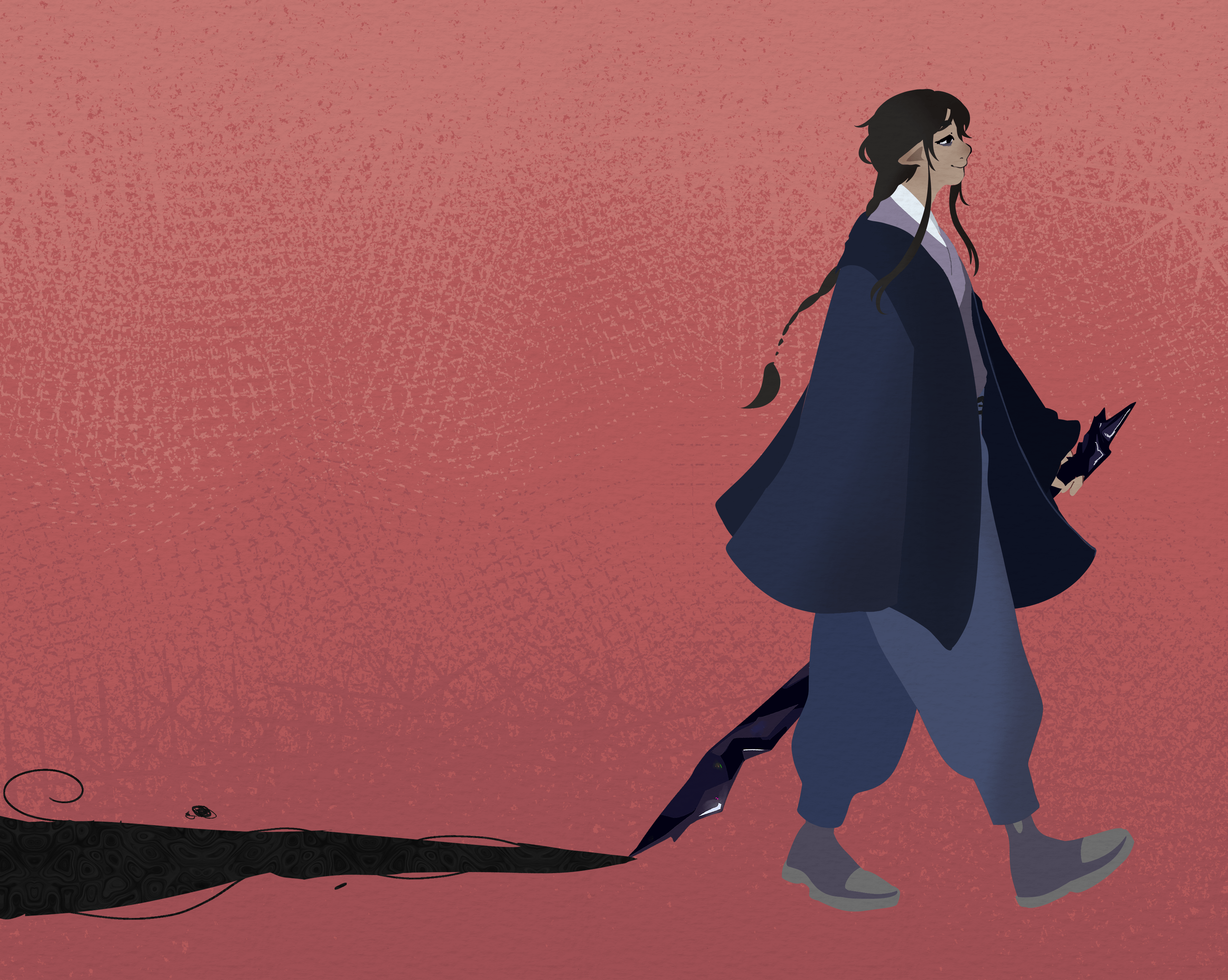 Lineless illustration of Operator, a black-haired person wearing a dark blue haori, purple kimono, and pale blue loose pants. Their hair is twisted into two long braids, and they walk forward with a sleepy, relaxed expression. In their left hand they hold a large sword fashioned out of black crystal, which drags on the ground and leaves a splitting void in its wake.