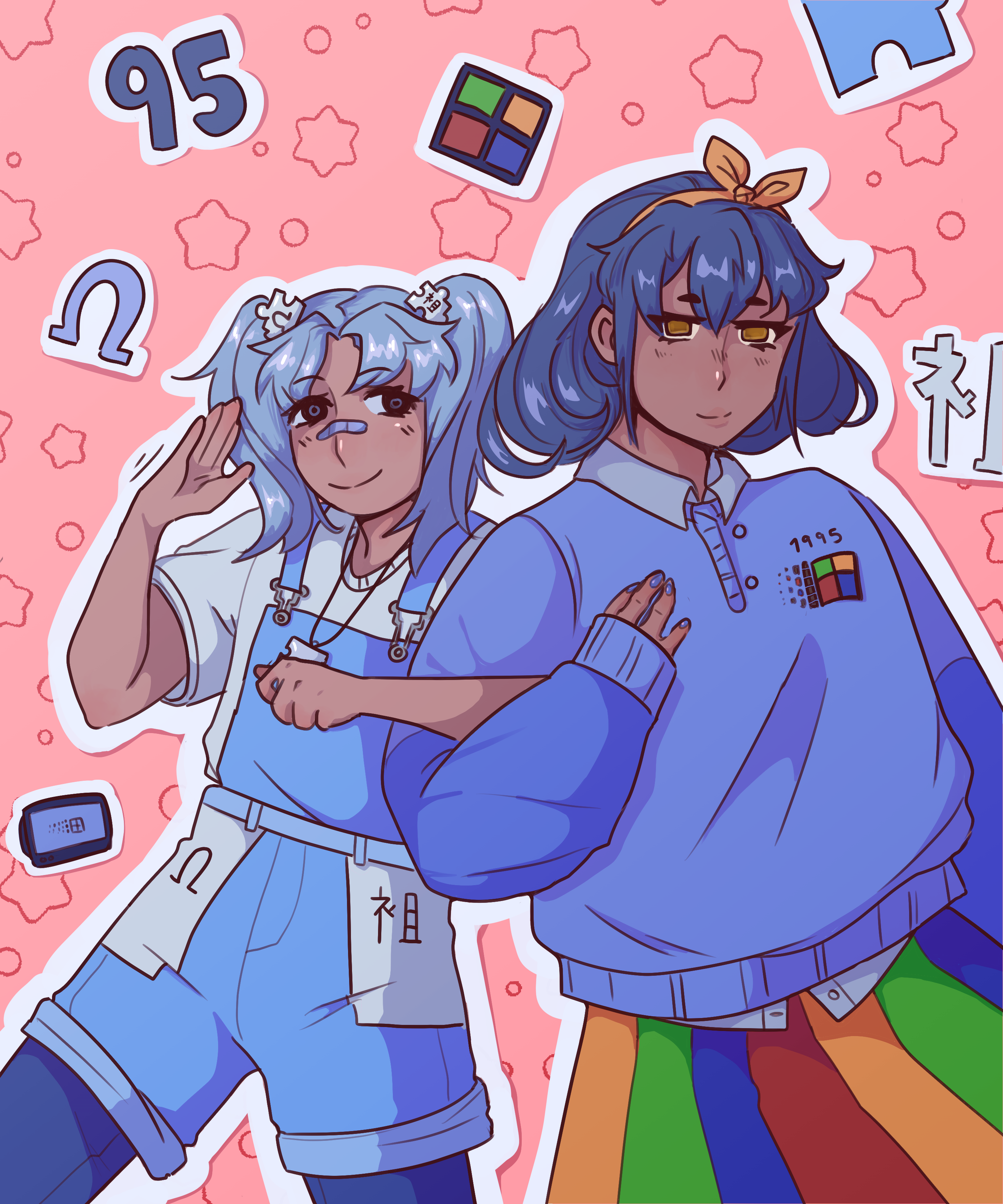 ID: A cartoon drawing of the characters Wikipe-tan and Win-Chan, unofficial mascots for Wikipedia and Windows 95 respectively. They stand with linked arms and smiling at one another. Wikipe-tan is represented as a young teenage girl with pale blue hair in pigtails and medium skin. She wears a pair of blue overalls with white pockets featuring the Wikipedia JP logo. She wears a white puzzle-piece shaped chew necklace and wears similar puzzle pieces as hair ties. Win-Chan stands on the right wearing an oversized blue sweater with a Windows 95 Logo over a pale blue button-up shirt. Underneath she wears a pleated skirt in the Windows colors. Her hair is dark blue and curled into large ringlets. She also wears a yellow headband with a bow. The image is rendered as if the characters are on a sticker. The background is covered in stickers of various Wikipedia and Windows-themed symbols. End ID.