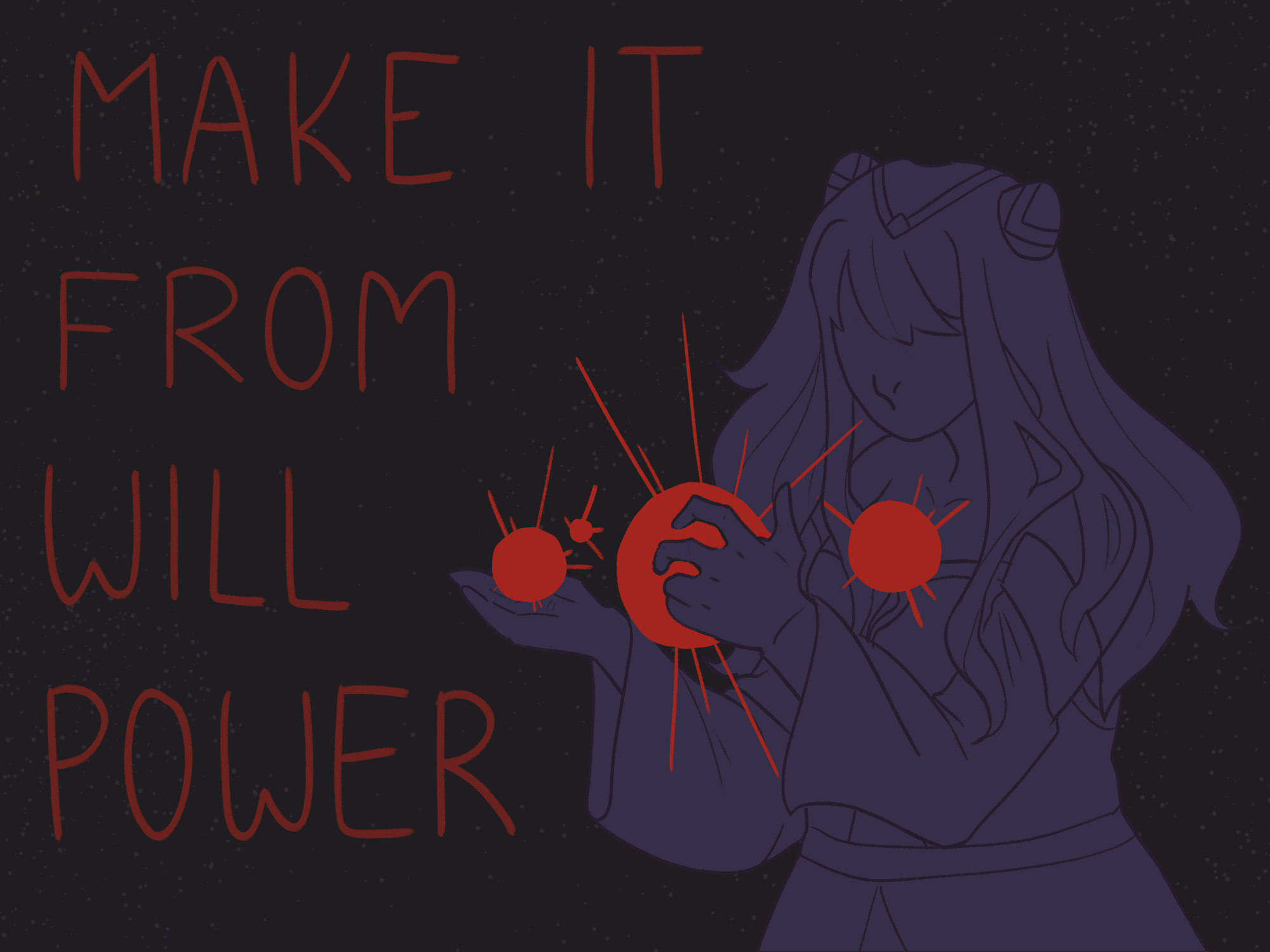 ID: A panel from a poem comic featuring the character Basilisk Id from Reflection. She is represented as a monochrome faceless figure with her Act 1 design. She has her hands in a holding position in front of her chest, floating over which are variously sized red circles with sunburst lines coming out of them. Large handwritten text to the left of Basilisk reads 'Make it (hope) from willpower.' End ID.
