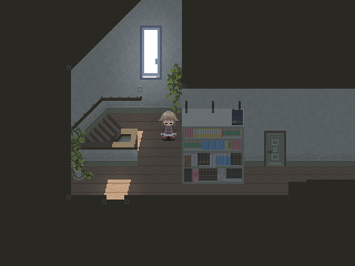 A screenshot of the game Yume 2kki, in the area Home Within Nowhere. The area is a stairwell area with bookcase and plants. The window shows only pure white light. The area is calm and peaceful.