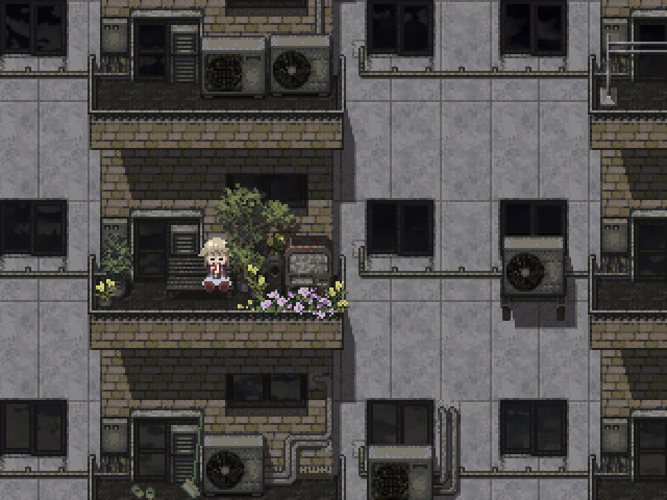 A screenshot of the game Yume 2kki, in the area Travel Hotel. The area is a series of stacked, overgrown balconies. Urotsuki sits on a bench next to a vending machine on one of the balconies and sips on a can of soda, content.